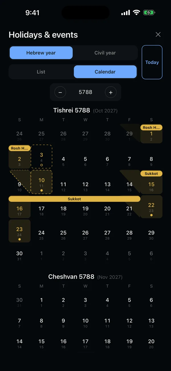 The holidays calendar showing Tishrei with Rosh Hashanah and Sukkot